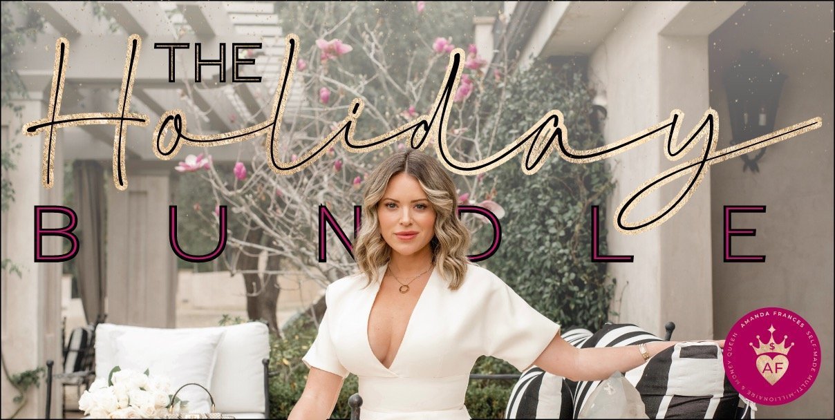 A woman in a white dress sits outdoors on a sofa, surrounded by flowers and greenery. Large text reads The Holiday Bundle with a pink and gold logo in the corner. The setting appears elegant and festive. Click to learn more.